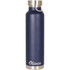 A drink bottle in navy blue with a silver lid and a logo. It has a sleek, insulated design suitable for beverages.