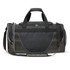 A black and dark grey duffle bag with a shoulder strap and side mesh pocket, featuring a logo.