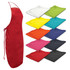 A red bib apron is displayed alongside folded aprons in various colours including white, green, yellow, blue, orange, pink, and black.