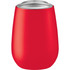 A drink bottle featuring a red, vacuum insulated design with a transparent lid, suitable for travel.