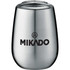 A drink bottle featuring a sleek silver stainless steel design with a logo on the front.
