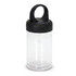 A clear drink bottle with a black cap and a built-in carabiner.