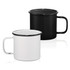 A drinkware set featuring two enamel metal cups, one black and one white, with a contrasting rim and handle.