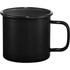 A black enamel metal cup with a handle, designed for beverages, showcasing a smooth finish.