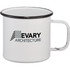 A white enamel metal cup with a black rim and a handle, featuring a logo on the side.