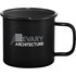 A black enamel metal cup with a handle, featuring a logo on the side. Ideal for beverages.