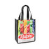 A tote bag featuring a colourful fruit design and black handles, with branding on the front.