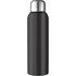 A drink bottle made of stainless steel, featuring a sleek black design and a metallic silver lid.