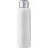 A drink bottle in white with a silver lid, featuring a logo. Suitable for sports and outdoor activities.