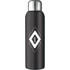 A drink bottle in black stainless steel with a silver lid and a logo design. Perfect for sports and hydration.