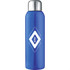 A drink bottle in a vibrant blue colour with a stainless steel lid and a logo on the front.