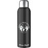 A drink bottle in matte black with a silver screw-on lid, featuring a logo and a name on the side.