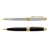 A set of Pierre Cardin Montfort metal pens in silver and black, featuring gold accents and a logo.