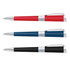 A set of three metal pens in red, blue, and black, featuring silver accents and a branding logo.