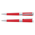 A red metal pen with silver accents and a logo, displayed in two positions.