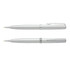 A set of silver metal pens with a sleek design and a branding logo on one side.