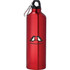 A drink bottle in shiny red aluminium featuring a black logo and a carabiner for easy attachment.