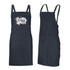 A dark denim bib apron featuring adjustable straps and a front pocket. It has a logo on the front.