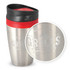 A stainless steel coffee cup with a red silicone lid, featuring an engraved design and a logo.