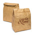 A brown Kraft cooler lunch bag with a fold-top design and a logo on one side.