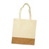 A cream tote bag with a cork bottom and two fabric handles. It features a branding logo.