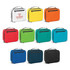 A selection of Zest Lunch Cooler Bags in yellow, orange, red, green, teal, blue, navy, and black, featuring a logo.