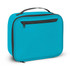 A turquoise lunch cooler bag with a zippered front pocket and a sturdy handle. It has a simple design and branding.