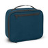 A teal lunch cooler bag with a zip closure and a front pocket, featuring a sturdy handle on top.