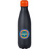 A drink bottle with a black body and an orange lid, featuring a circular logo on the front.