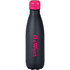 A drink bottle featuring a sleek black body and a pink lid, with a logo on the side.