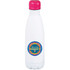 A drink bottle with a white body and a pink lid, featuring a circular logo. Designed for vacuum insulation.