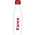 A drink bottle featuring a white body and red lid, with a logo and the name "Karen" in bold red text.
