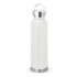 A drink bottle in a sleek white design with a stainless steel base and a metal handle on the cap.