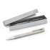A brushed steel pen with a sleek design, presented in a stylish grey box with a soft interior.