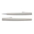 A metal pen set in a sleek, light grey finish with a polished silver clip. Features both capped and uncapped designs.