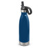 A drink bottle featuring a sleek navy blue design with a stainless steel base and a black flip lid.