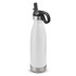 A drink bottle with a white body, stainless steel base, and a black flip lid, featuring a handle and branding.