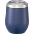 A drink bottle in navy blue with a stainless steel rim and clear lid, designed as a travel mug.