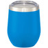 A drink bottle in vibrant blue with a stainless steel rim and clear lid, designed for insulated beverages.