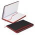 A black notebook with a red ribbon, featuring lined pages and a sleek, minimalist design.