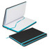 A black notebook with a turquoise elastic band, featuring lined pages and a ribbon bookmark.