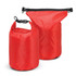 A red dry bag set featuring two sizes, with adjustable seals and a design suitable for waterproof storage.