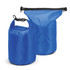 A blue dry bag with a roll-top closure, featuring a buckle and a smaller version alongside the larger one.