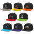 A variety of flat peak caps in black with contrasting coloured brims, featuring different logos.