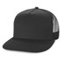 A black flat peak mesh trucker cap with a solid front panel and mesh back. Features a logo.