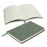 A soft cover notebook in green, open to reveal lined pages and a ribbon bookmark. Branding is present on the cover.
