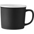 A ceramic mug in black with a white interior, featuring a curved handle and a smooth finish.