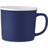 A ceramic coffee mug in navy blue with a white rim and handle, featuring a logo.