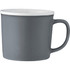 A drinkware ceramic mug in dark grey with a white interior and a comfortable handle. It features a branding logo.