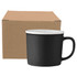 A black ceramic coffee mug with a white interior, placed beside a plain cardboard box.